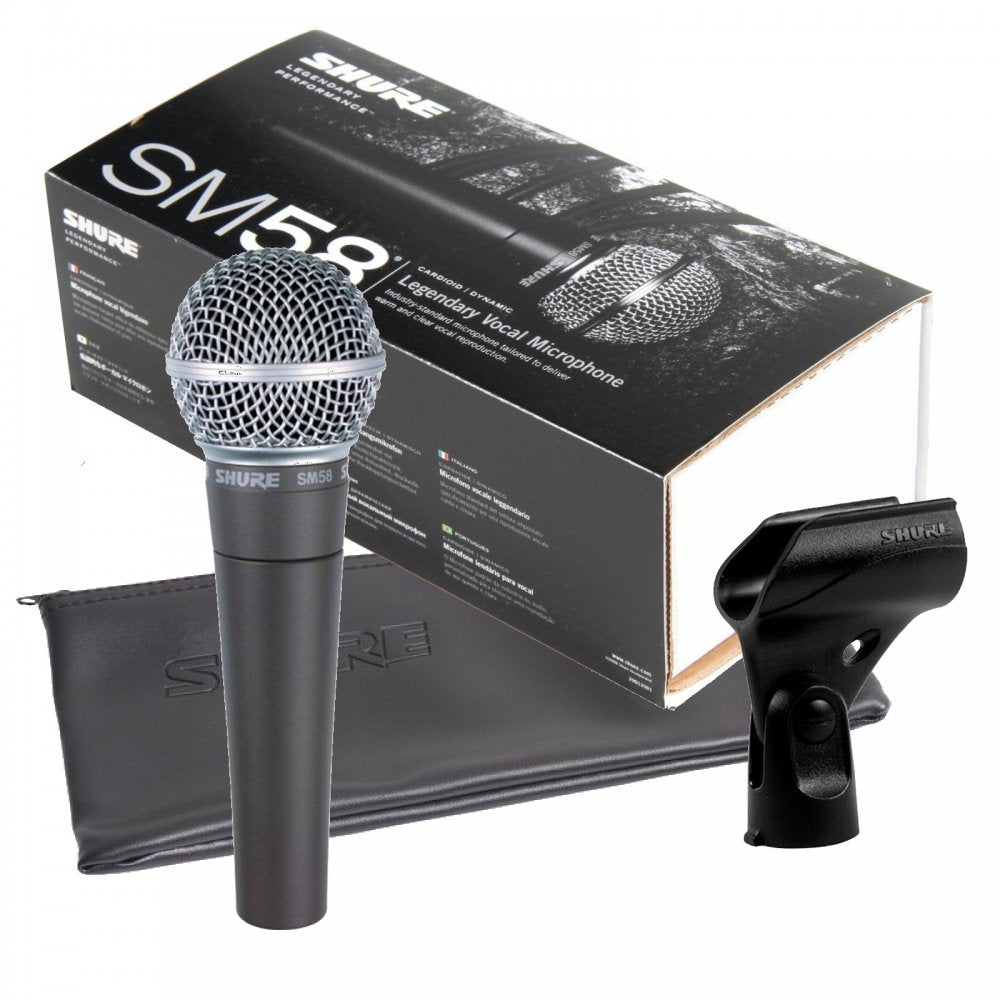 Shure SM58-LC Cardioid Dynamic Vocal Microphone with Pneumatic Shock Mount,  Spherical Mesh Grille with Built-in Pop Filter, A25D Mic Clip, Storage